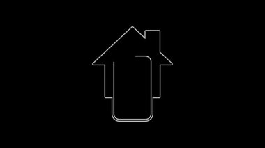 Siyah arka planda akıllı ev simgesine sahip beyaz çizgili cep telefonu. Uzaktan kumanda. 4K Video hareketli grafik canlandırması.