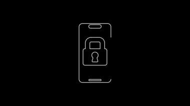 Siyah arkaplanda izole edilmiş kilit ikonu için kablosuz teknolojiye sahip beyaz çizgi dijital kapı kilidi. Kapı kolu tabelası. Güvenlik akıllı ev. 4K Video hareketli grafik canlandırması.