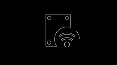 Siyah arkaplanda izole edilmiş ikonu açmak için kablosuz teknolojiye sahip beyaz çizgi dijital kapı kilidi. Kapı kolu tabelası. Güvenlik akıllı ev. 4K Video hareketli grafik canlandırması.