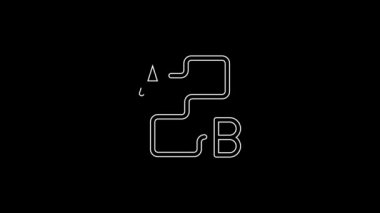 Beyaz çizgi rota simgesi siyah arkaplanda izole edildi. Harita işaretçisi işareti. Yol ya da yol kavramı. GPS navigatörü. 4K Video hareketli grafik canlandırması.