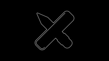 White line Crossed ruler and pencil icon isolated on black background. Straightedge symbol. Drawing and educational tools. 4K Video motion graphic animation.