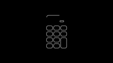 Beyaz çizgi hesap makinesi simgesi siyah arkaplanda izole edildi. Muhasebe sembolü. İş hesaplamaları matematik eğitimi ve finans. 4K Video hareketli grafik canlandırması.