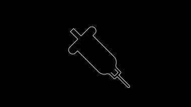 Beyaz çizgi şırınga simgesi siyah arkaplanda izole edildi. Aşı için şırınga, aşı, iğne, grip aşısı. Tıbbi ekipman. 4K Video hareketli grafik canlandırması.