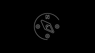 Siyah arkaplanda beyaz çizgi pusula simgesi izole edildi. Rüzgâr yön bulma sembolü. Rüzgar gül işareti. 4K Video hareketli grafik canlandırması.