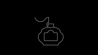 Siyah zemin üzerinde atom ikonu olan beyaz çizgili tıraş losyonu şişesi. Parfüm spreyi ikonu. Erkek parfüm şişesi. 4K Video hareketli grafik canlandırması.