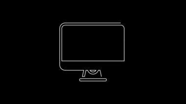Beyaz çizgi bilgisayar ekranı simgesi siyah arkaplanda izole edildi. Elektronik cihaz. Ön manzara. 4K Video hareketli grafik canlandırması.