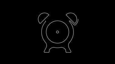 Beyaz çizgi alarm saat simgesi siyah arkaplanda izole edildi. Uyan, kalk konsepti. Zaman işareti. 4K Video hareketli grafik canlandırması.