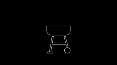 Beyaz çizgi ızgara ikonu siyah arkaplanda izole edildi. Barbekü ızgara partisi. 4K Video hareketli grafik canlandırması.