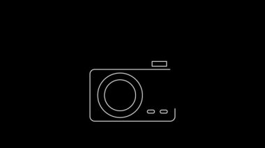 White line Photo camera with lighting flash icon isolated on black background. Foto camera. Digital photography. 4K Video motion graphic animation.
