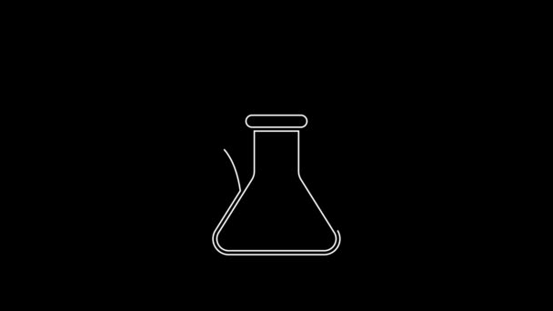 White Line Chemical Experiment Explosion Flask Icon Isolated Black Background — Vídeo de stock