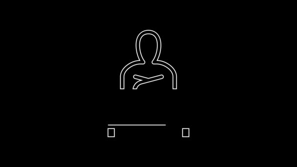 White Line Schoolboy Sitting Desk Icon Isolated Black Background Video — Stok video
