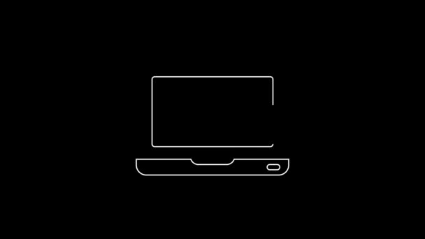 白线笔记本电脑图标隔离在黑色背景 带有空屏幕标志的笔记本电脑 4K视频运动图形动画 — 图库视频影像