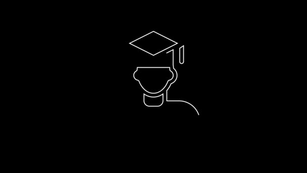 白线毕业生和毕业帽图标孤立在黑色背景 4K视频运动图形动画 — 图库视频影像