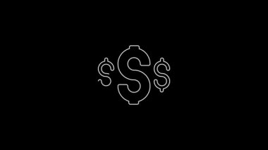 Beyaz çizgi dolar sembolü simgesi siyah arkaplanda izole edildi. Nakit ve para, servet, ödeme sembolü. Kumarhane kumarı. 4K Video hareketli grafik canlandırması.