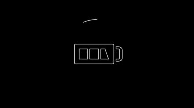 Beyaz çizgi Batarya şarj seviyesi göstergesi simgesi siyah arkaplanda izole edildi. 4K Video hareketli grafik canlandırması.