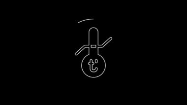 Beyaz çizgi Meteoroloji termometresi siyah arkaplanda izole edilmiş ikonu ölçüyor. Termometre termometresi sıcak ya da soğuk hava gösteriyor. 4K Video hareketli grafik canlandırması.