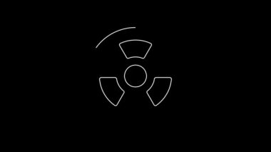 Beyaz çizgi Radyoaktif simgesi siyah arkaplanda izole edildi. Radyoaktif zehirli sembol. Radyasyon tehlikesi işareti. 4K Video hareketli grafik canlandırması.