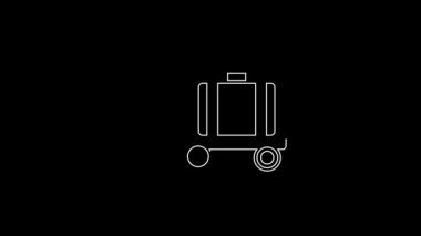 White line Trolley suitcase icon isolated on black background. Traveling baggage sign. Travel luggage icon. 4K Video motion graphic animation.
