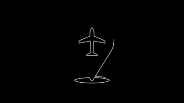 Beyaz çizgi düzlem simgesi siyah arkaplanda izole edildi. Uçan uçak ikonu. Uçak tabelası. 4K Video hareketli grafik canlandırması.