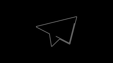 Beyaz çizgi kağıttan uçak simgesi siyah arkaplanda izole edildi. 4K Video hareketli grafik canlandırması.