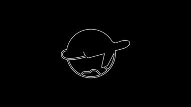 Uçan uçak ikonuna sahip beyaz çizgi Globe siyah arka planda izole edildi. Uçak Dünya 'nın etrafında uçuyor. Uçak dünyası ikonu. 4K Video hareketli grafik canlandırması.