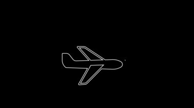 White line Airplane search icon isolated on black background. 4K Video motion graphic animation.