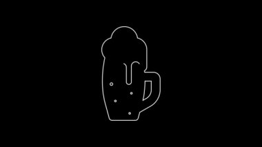 Siyah arka planda izole edilmiş beyaz çizgi bira ikonu. 4K Video hareketli grafik canlandırması.