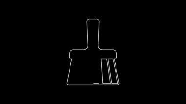Siyah arkaplanda beyaz çizgi süpürge sapı simgesi izole edildi. Temizlik hizmeti konsepti. 4K Video hareketli grafik canlandırması.