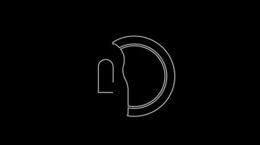 White line Dishwashing liquid bottle and plate icon isolated on black background. Liquid detergent for washing dishes. 4K Video motion graphic animation.