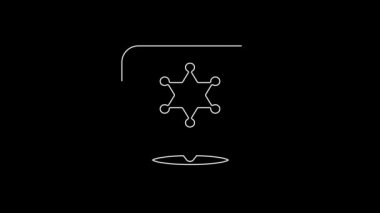 Beyaz çizgi şerifi Hexagram simgesi siyah arka planda izole edildi. Polis rozeti ikonu. 4K Video hareketli grafik canlandırması.