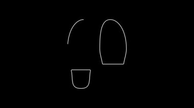 Beyaz çizgi ayak sesleri simgesi siyah arkaplanda izole edildi. Dedektif araştırıyor. Ayak izlerini takip etmek için. 4K Video hareketli grafik canlandırması.