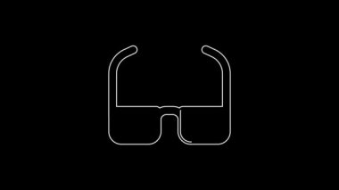 Beyaz çizgi güvenlik gözlüğü gözlüğü simgesi siyah arkaplanda izole edildi. 4K Video hareketli grafik canlandırması.