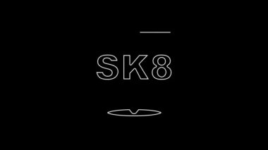 Beyaz çizgi kaykay simgesi siyah arkaplanda izole edildi. Olağanüstü bir spor. Spor malzemeleri. 4K Video hareketli grafik canlandırması.