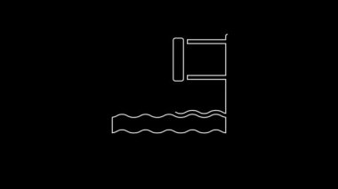 Beyaz çizgi Atık Su simgesi siyah arkaplanda izole edildi. Kanalizasyon borusu. Borudan nehre sıvı akıyor. 4K Video hareketli grafik canlandırması.