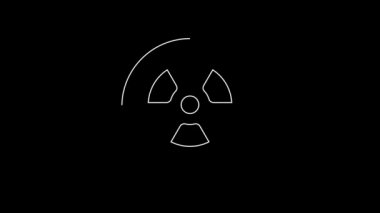 Beyaz çizgi Radyoaktif simgesi siyah arkaplanda izole edildi. Radyoaktif zehirli sembol. Radyasyon tehlikesi işareti. 4K Video hareketli grafik canlandırması.