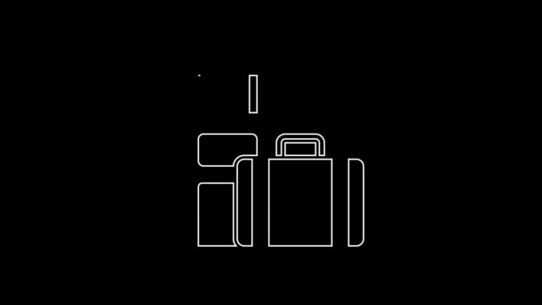 黒の背景に隔離された旅行アイコンのための白い線のスーツケース 手荷物のサインだ 荷物アイコンを移動します 4Kビデオモーショングラフィックアニメーション — ストック動画