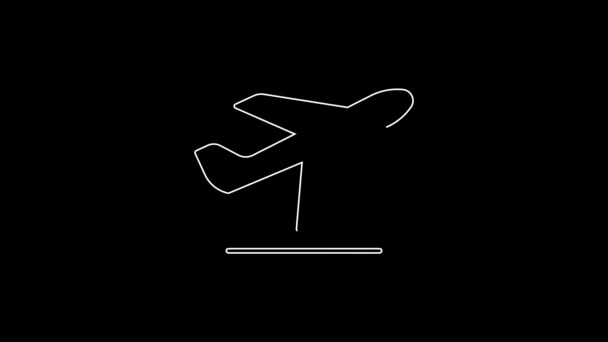 White Line Plane Takeoff Icon Isolated Black Background Airplane Transport — Video