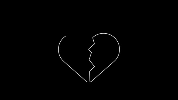 ホワイトライン黒の背景に孤立した壊れたハートまたは離婚アイコン 愛のシンボル バレンタインデー 4Kビデオモーショングラフィックアニメーション — ストック動画