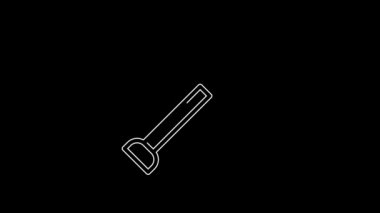 Siyah arkaplanda beyaz çizgi kürek simgesi izole edildi. Bahçe aletleri. Bahçecilik, tarım, çiftçilik aleti. 4K Video hareketli grafik canlandırması.