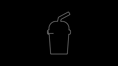 Siyah zemin üzerinde saman ve su ikonu olan beyaz çizgi kağıt bardak. Soda bardağı. Taze soğuk içecek sembolü. 4K Video hareketli grafik canlandırması.