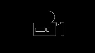 Beyaz çizgi Retro sinema kamera ikonu siyah arkaplanda izole edildi. Video kamera. Film tabelası. Film projektörü. 4K Video hareketli grafik canlandırması.