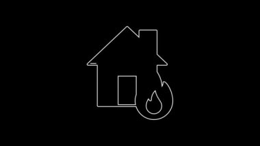 White line Fire in burning house icon isolated on black background. 4K Video motion graphic animation.