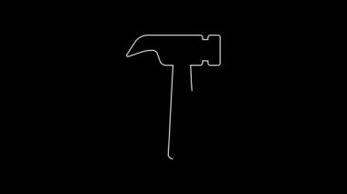 Beyaz çizgi çekiç simgesi siyah arkaplanda izole edildi. Tamir için bir araç. 4K Video hareketli grafik canlandırması.