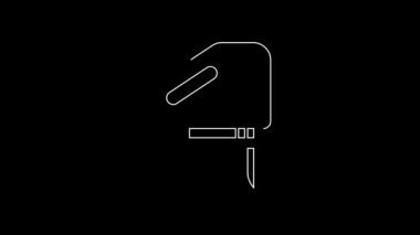 White line Electric jigsaw with steel sharp blade icon isolated on black background. Power tool for woodwork. 4K Video motion graphic animation.