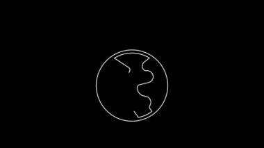 Beyaz çizgi Küresel teknoloji veya sosyal ağ simgesi siyah arkaplanda izole edildi. 4K Video hareketli grafik canlandırması.