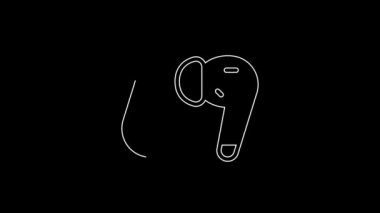 Beyaz çizgi hava kulaklığı simgesi siyah arkaplanda izole edildi. Kulaklıklar için kablosuz cihaz. Elektronik cihazlar. 4K Video hareketli grafik canlandırması.