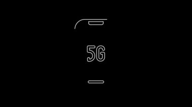 White line Mobile with 5G new wireless internet wifi icon isolated on black background. Global network high speed connection data rate technology. 4K Video motion graphic animation.