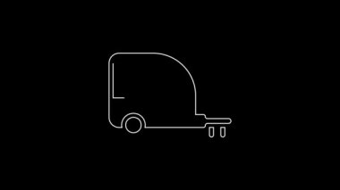 Beyaz çizgi karavan karavan ikonu siyah arkaplanda izole edildi. Gezici ev, karavan, yolculuk için ev karavanı. 4K Video hareketli grafik canlandırması.