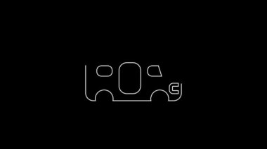 White line RV motorhome vehicle icon isolated on black background. Camper mobile home, mobile home for summer trip. 4K Video motion graphic animation.