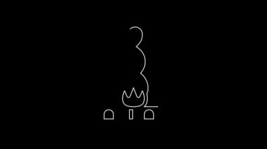 White line Campfire icon isolated on black background. Burning bonfire with wood. 4K Video motion graphic animation.